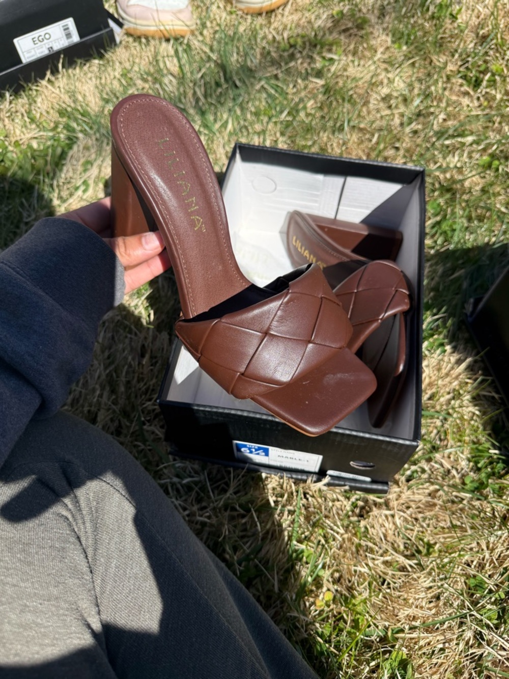 Liliana Chocolate Brown Woven Square-Toe Block Heel Mule